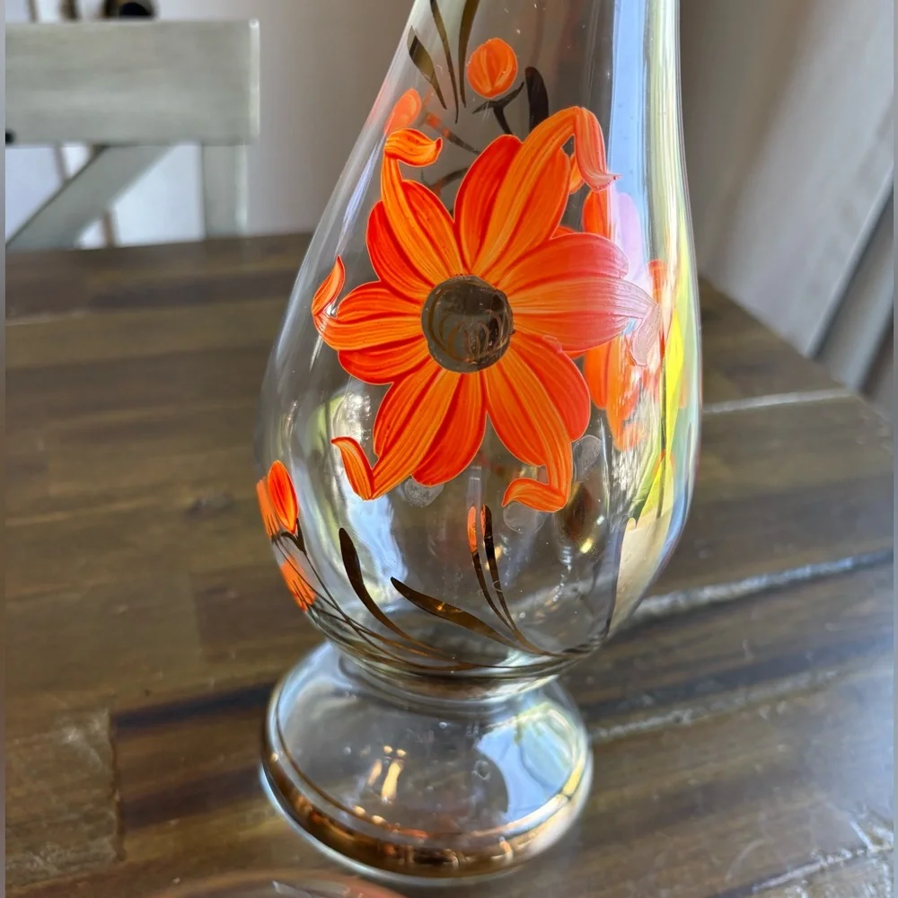 MCM Decanter Set Orange & Gold Gilded Striped Cordial Glass Hand Painted Floral - Picture 6 of 11